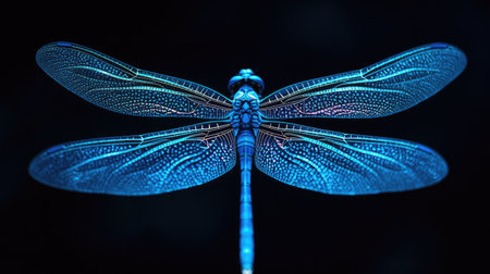 Glowing dragonfly wings in luminous blue, standing out vibrantly against a captivating black backdrop with copy spaceの素材