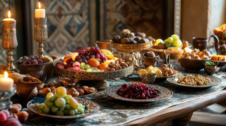 Elegant Suhoor table with a mix of fruits, nuts, and warm dishes, beautifully arranged with decorative plates and warm lighting.の素材