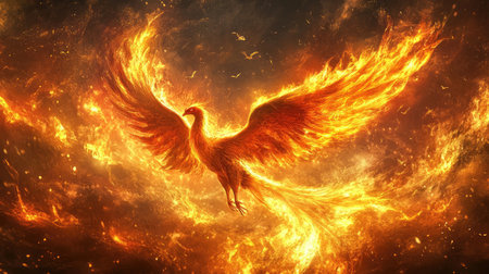 Glowing fire phoenix soaring through flames, embodying magic, power, and transformation, with a vibrant, intense background.の素材