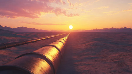 Expansive oil pipeline stretching across a desert landscape at sunset, glowing in the fading light of the dayの素材