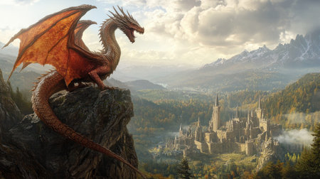 Majestic dragon perched on a clifftop, guarding a vast fantasy kingdom below with sweeping views of castles and valleysの素材