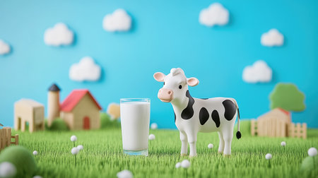 Milk pack mock-up set on a 3D miniature farm with a cow figurine and milk glass, ideal for milk product advertisementの素材