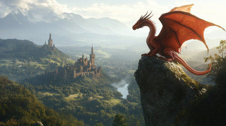 Fantasy dragon perched on a cliff, guarding the vast lands of a kingdom with rolling hills and ancient castlesの素材