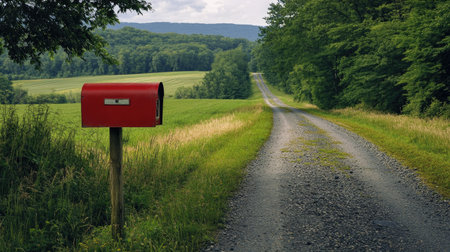 Red mailbox by the side of a country road, nestled in a green landscape, representing a classic scene of rural communication.の素材