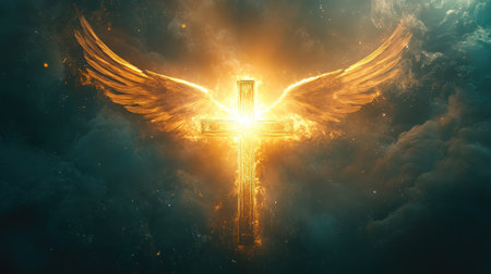 Illuminated cross surrounded by ethereal angel wings, glowing in a soft yet dramatic heavenly lightの素材