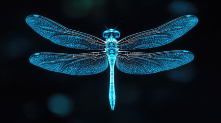 Ethereal dragonfly with glowing blue wings, shimmering against a deep black background, creating a surreal effectの素材