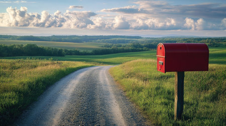 Red mailbox by the side of a country road, nestled in a green landscape, representing a classic scene of rural communication.の素材