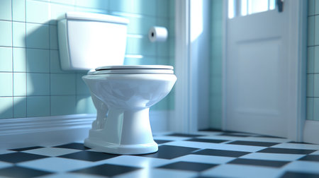 3D cartoon style rendering of a toilet in a tiled bathroom setting, showcasing a bright and animated designの素材