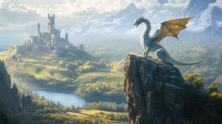 Fantasy dragon perched on a cliff, guarding the vast lands of a kingdom with rolling hills and ancient castlesの素材