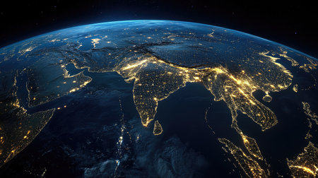 Earth seen from space at night, with the illuminated urban sprawl of Asia, highlighting the region's intense economic activity.の素材