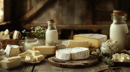 Milk, cheese, and butter arranged on rustic table, surrounded by other dairy products for a healthy food themeの素材