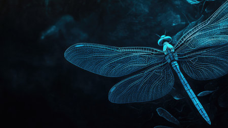 Glowing dragonfly wings in luminous blue, standing out vibrantly against a captivating black backdrop with copy spaceの素材