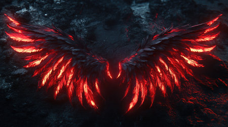 Sinister demon wings radiate a glowing red hue, contrasting starkly against a dark, shadowy backgroundの素材