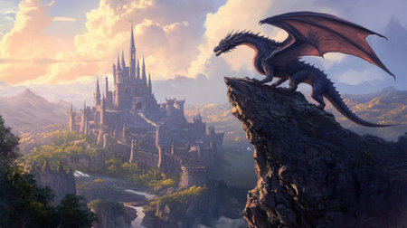 Majestic dragon perched on a clifftop, guarding a vast fantasy kingdom below with sweeping views of castles and valleysの素材