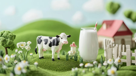 Milk pack mock-up set on a 3D miniature farm with a cow figurine and milk glass, ideal for milk product advertisementの素材