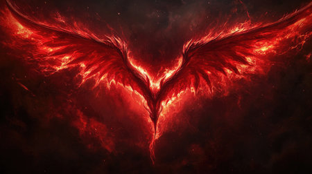 Ominous red-glowing demon wings, stretching across a dark, foreboding background with a hellish auraの素材