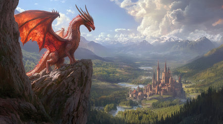 Majestic dragon perched on a clifftop, guarding a vast fantasy kingdom below with sweeping views of castles and valleysの素材