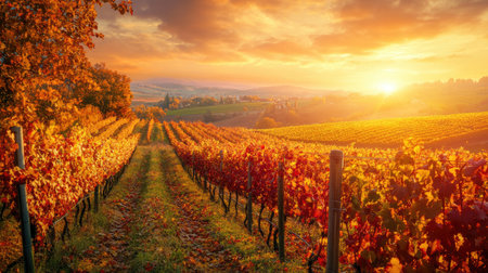 Picturesque vineyards in autumn under a golden sun, the vines lined with red and yellow leaves, showcasing a stunning fall transformation.の素材