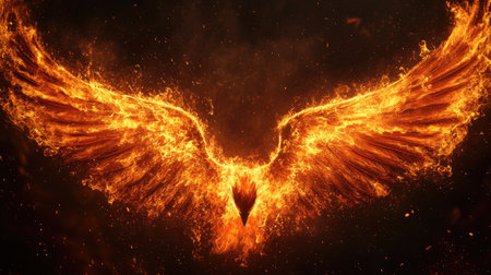 Phoenix wings on fire, casting dramatic flames into the night, symbolizing rebirth and strength in darknessの素材