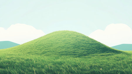 Rounded cartoon-style hill with green grass and a light sky, bright and colorful in a matte anime 3D texture.の素材