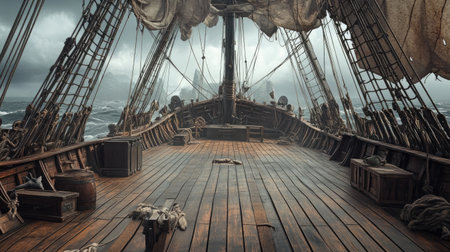 A deserted pirate ship deck with wooden planks, sails, and rigging, set against a moody sky backdrop for a theater stage scene.の素材
