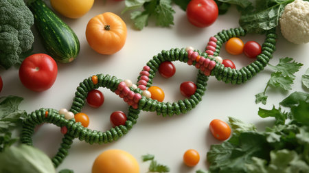 A creative representation of genetically modified crops, with fruits and vegetables shaped like a DNA strand, highlighting GMO technology.の素材