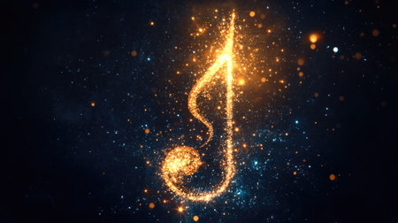 A dazzling musical note made of twinkling lights and sparkles, glowing brightly against a black backdrop, symbolizing musical creativity.の素材