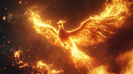 The fire phoenix takes flight, its wings surrounded by glowing flames, representing mystical rebirth and untamed power.の素材