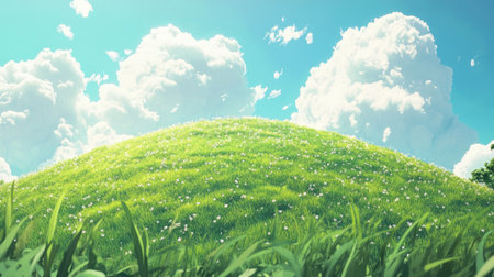 Rounded anime hill with faint grass, light blue sky, and white clouds, rendered in a vibrant and matte 3D clay style.の素材