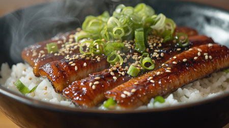 A delicious unagi rice bowl featuring grilled eel over a bed of rice, garnished with sesame seeds and green onions, with steam rising.の素材