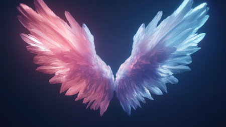 Radiant angel wings in pastel tones softly illuminated on a dark background, evoking a sense of peace and divinityの素材