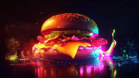 Radiant neon burger, melting cheese, and crispy bacon glow brightly on a black background for a vibrant food designの素材