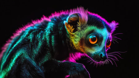 Neon lemur glowing in vibrant colors as it climbs playfully, set against a pitch-black backgroundの素材