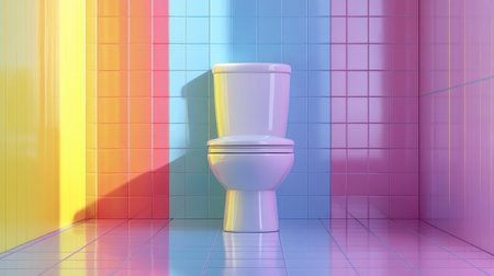 3D cartoon rendering of a toilet in a brightly colored room with tile flooring, designed for playful and modern bathroom visuals.の素材