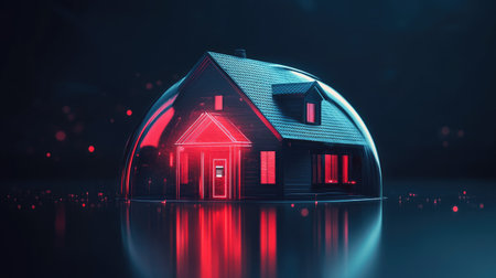 A house shielded by a red dome, symbolizing high-tech alarm systems ensuring home protection and safety in a dark background setting.の素材