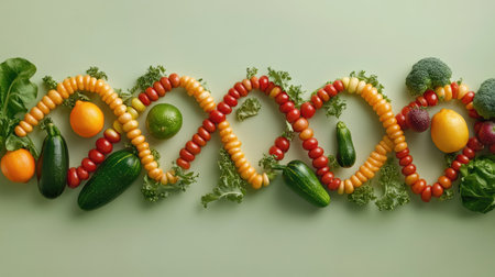 A creative representation of genetically modified crops, with fruits and vegetables shaped like a DNA strand, highlighting GMO technology.の素材