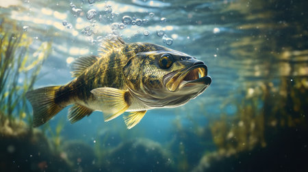 A thrilling moment as a bass fish approaches a fishing lure underwater, just before it takes the bait, with bubbles and ripples.の素材