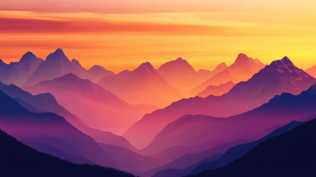 A stunning vector illustration of mountains silhouetted against a colorful sunset sky, featuring warm shades of orange, pink, and purple.の素材