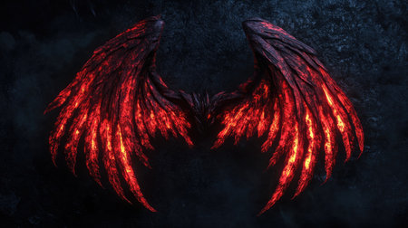 Sinister demon wings radiate a glowing red hue, contrasting starkly against a dark, shadowy backgroundの素材