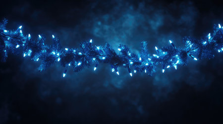 A glowing blue Christmas garland hanging across a dark background, perfect for holiday-themed decorations and celebrations.の素材