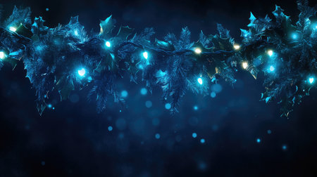 A glowing blue Christmas garland hanging across a dark background, perfect for holiday-themed decorations and celebrations.の素材