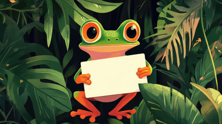 A jungle-themed illustration with a happy cartoon frog holding a blank signboard, surrounded by tropical plants.の素材