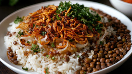 Traditional Egyptian koshari served on a white plate, with rice, lentils, and crispy onions, showcasing a delicious mix of flavors.の素材