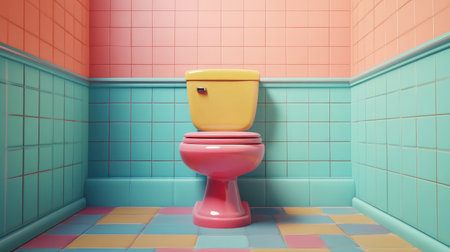 3D rendered cartoon toilet in a tiled room, featuring a vibrant and imaginative design for modern bathroom concepts.の素材