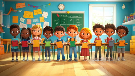 A group of cartoon kids standing in a classroom with chalkboards and desks, symbolizing a fun back-to-school conceptの素材