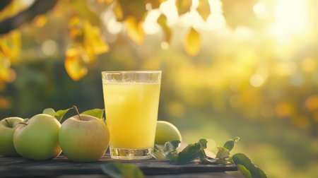 A refreshing glass of green apple juice, set on a rustic table with fresh apples nearby, and a blurry apple orchard in the backgroundの素材