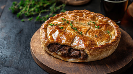 Delicious beef and Guinness pie with a perfectly golden, flaky crust, placed on a rustic wooden board, ready to be enjoyedの素材