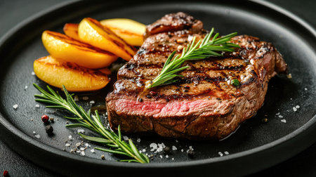A gourmet dish of grilled beef steak with caramelized apples and rosemary, presented on a stylish plate for a refined meal.の素材