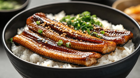 A mouthwatering eel rice bowl with perfectly grilled unagi, sesame seeds, and rice, capturing the essence of traditional Japanese cuisine.の素材