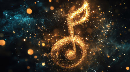 A dazzling musical note made of twinkling lights and sparkles, glowing brightly against a black backdrop, symbolizing musical creativity.の素材